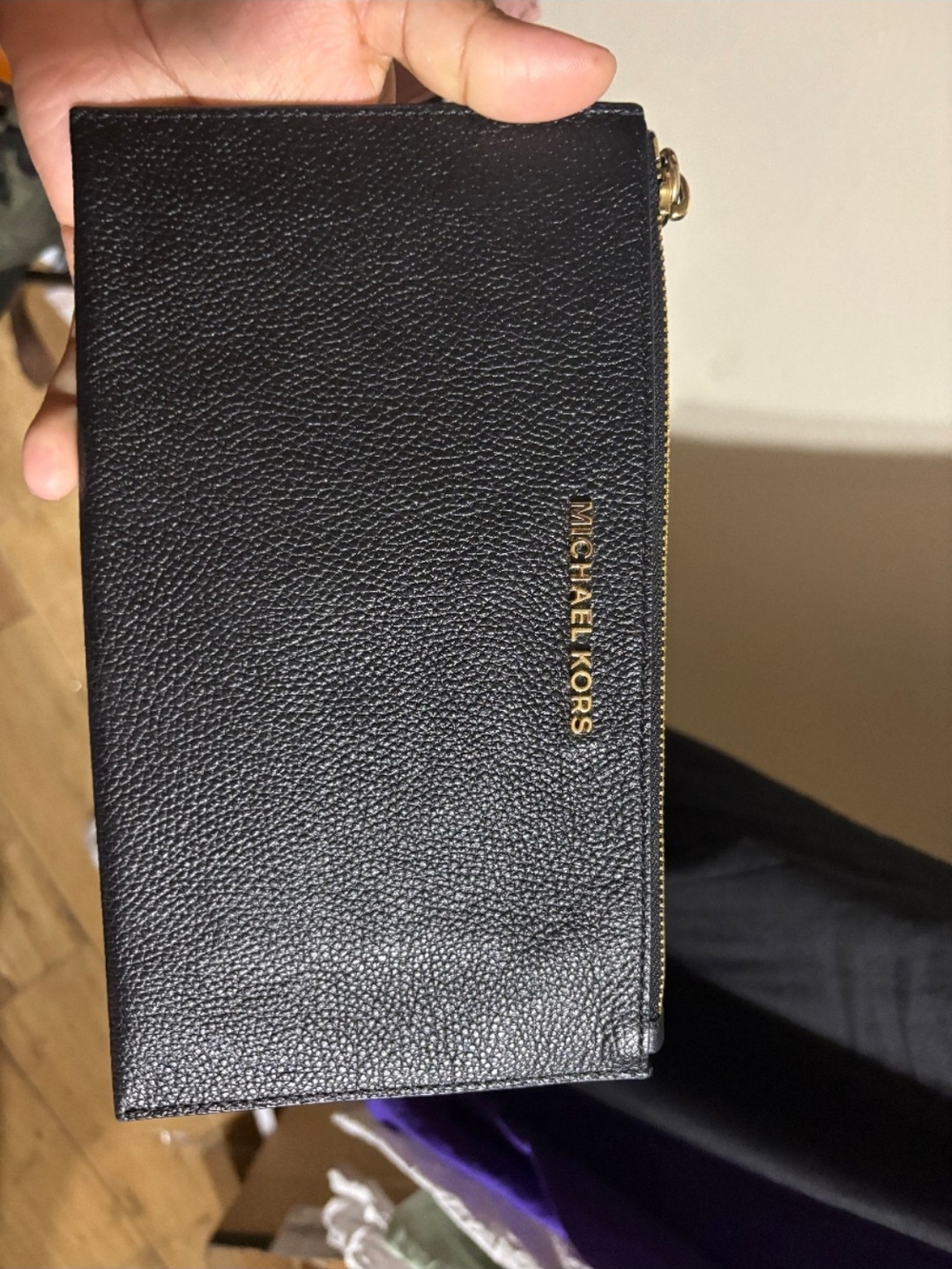 Michael Kors Black Pebbled Leather Zip Wristlet with Gold Logo